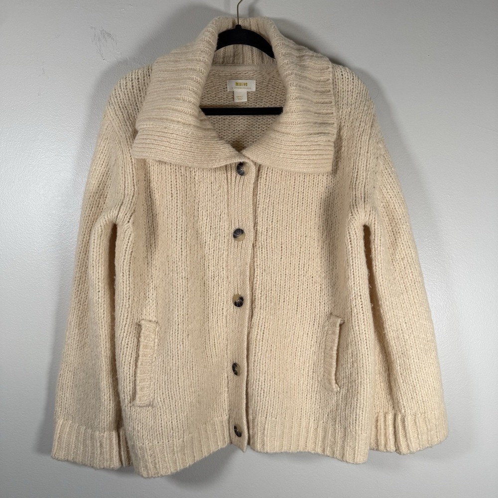 Maeve Cream Button-Front Ribbed Collar Cardigan